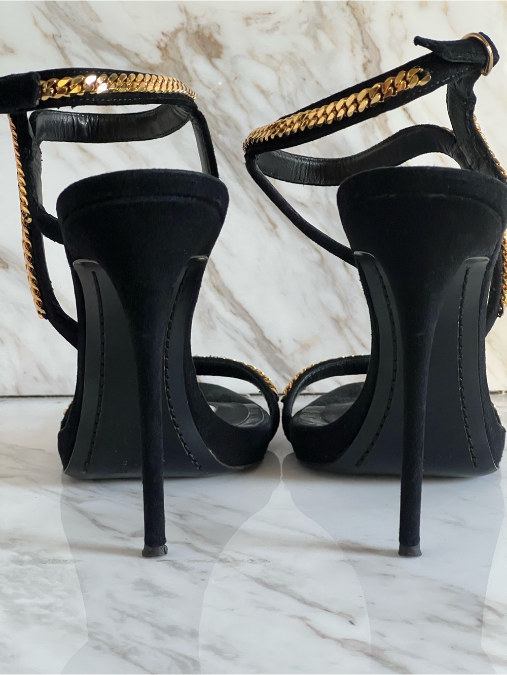 Giuseppe Zanotti Heels Black Suede Gold Chain Ankle Stiletto EU38.5 - Picture 3 of 8